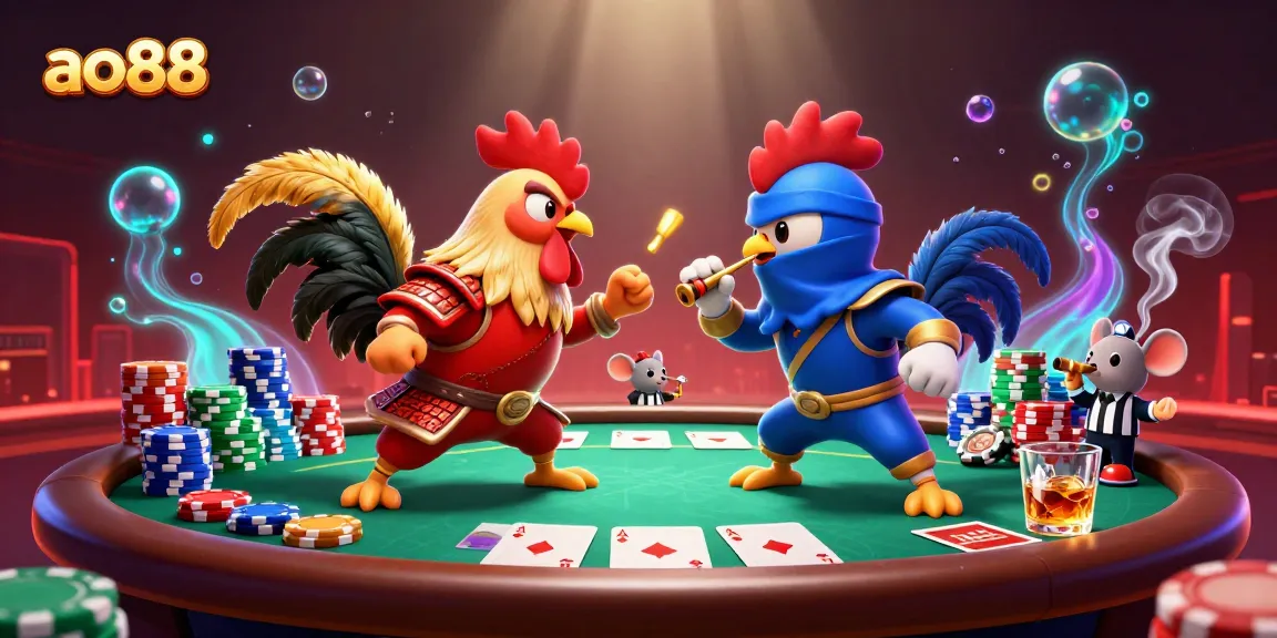 ao88 showcases a thrilling standoff between cartoon fighting roosters in a vibrant casino setting, embodying the excitement of high-stakes gaming.