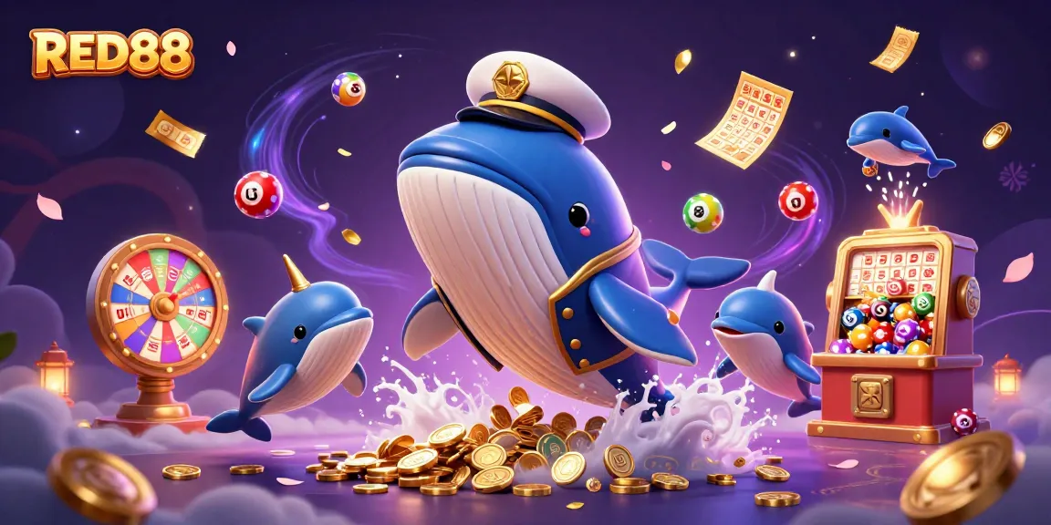 Experience excitement with RED88's thrilling 3D casino scene featuring a whale, narwhal, and playful dolphins.
