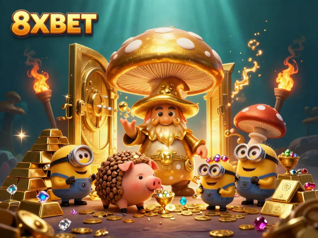 Win big at 8XBET with a captivating casino scene featuring magical treasures and gems.