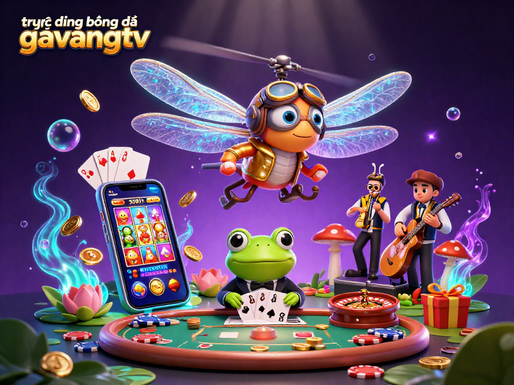 Engage with trực tiếp bóng đá gavangtv in a vibrant scene featuring a dragonfly pilot, frog croupier, and jazz musicians.