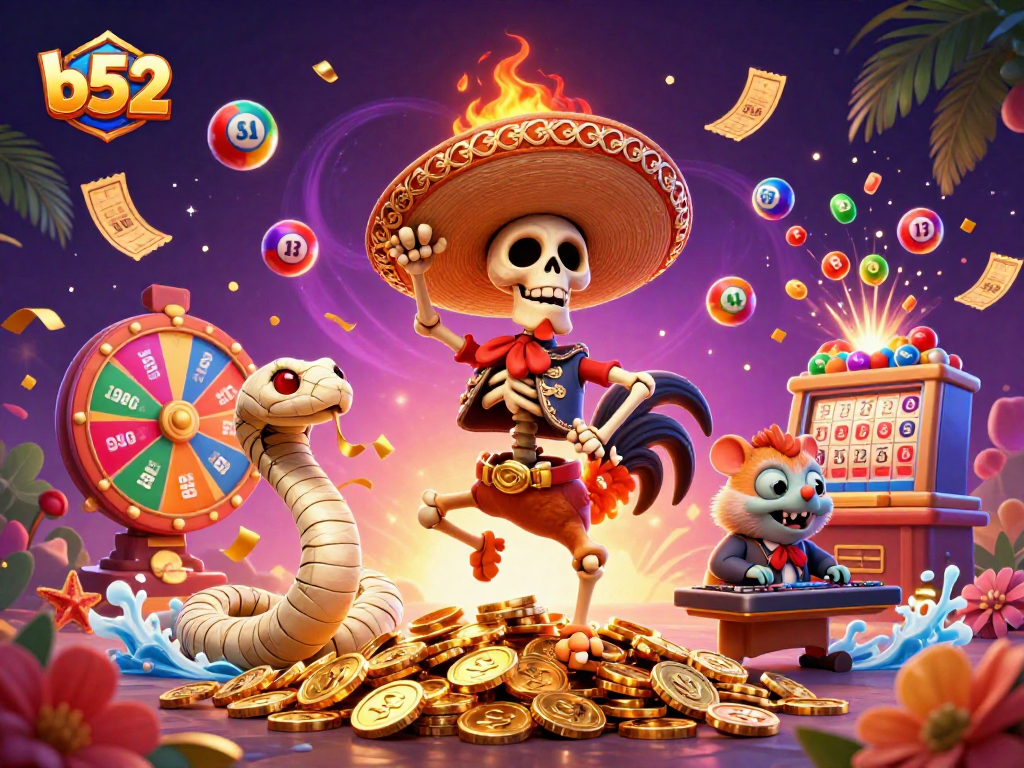 Join the b52 celebration as the skeleton mariachi rooster dances among gold coins for online gaming thrills.