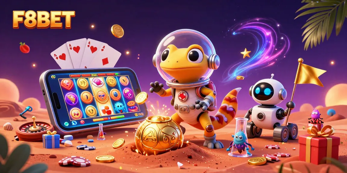 F8BET showcases a vibrant 3D scene with a Martian gecko exploring a golden casino, surrounded by casino elements.