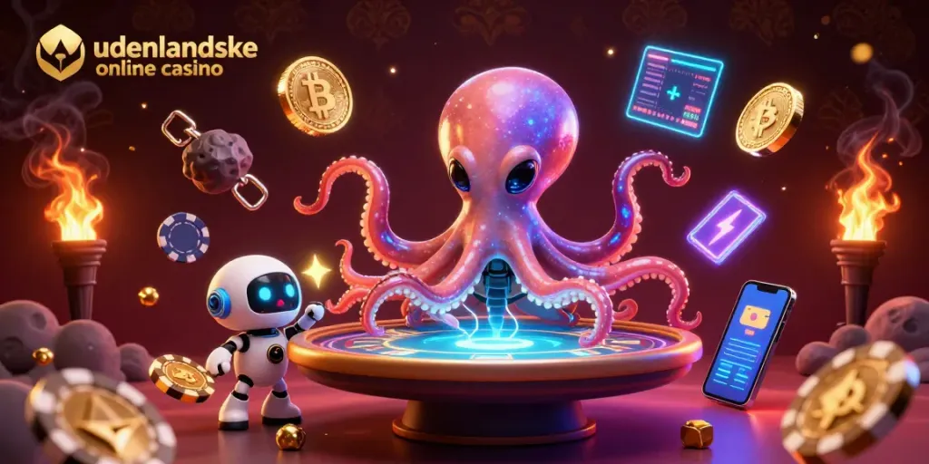 Engage in the vibrant world of udenlandske online casino with a holographic poker scene held by a space octopus.