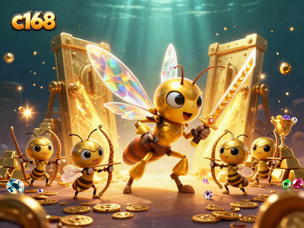 Engage with c168 in this vibrant 3D casino-themed scene showcasing a hornet samurai and treasures.