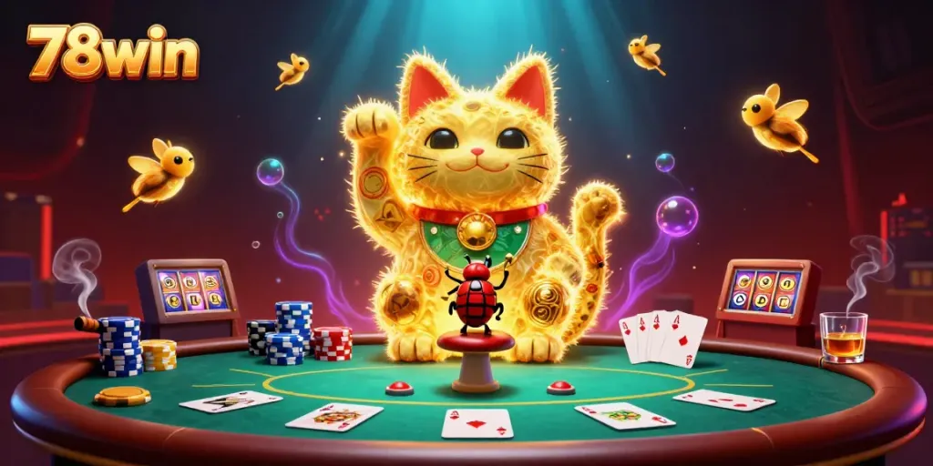Experience excitement at 78win with a vibrant casino scene featuring a lucky cat and poker elements.