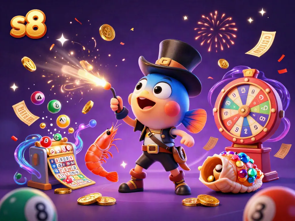 Engage with the vibrant world of s8, where a whimsical anglerfish lures golden coins amidst energetic casino elements.