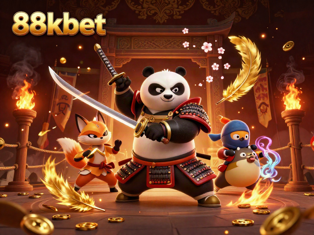 Engage in the exciting world of 88kbet with a fierce samurai panda and ninja fox in a dynamic casino scene.