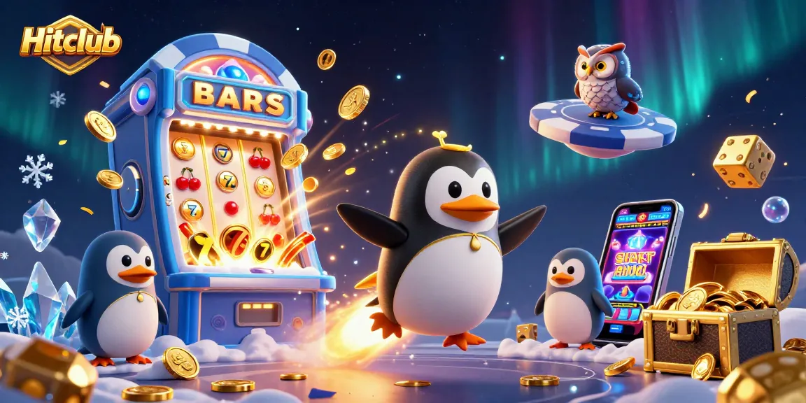 Experience Hitclub's thrilling gaming with golden penguin flying towards the slot jackpot!