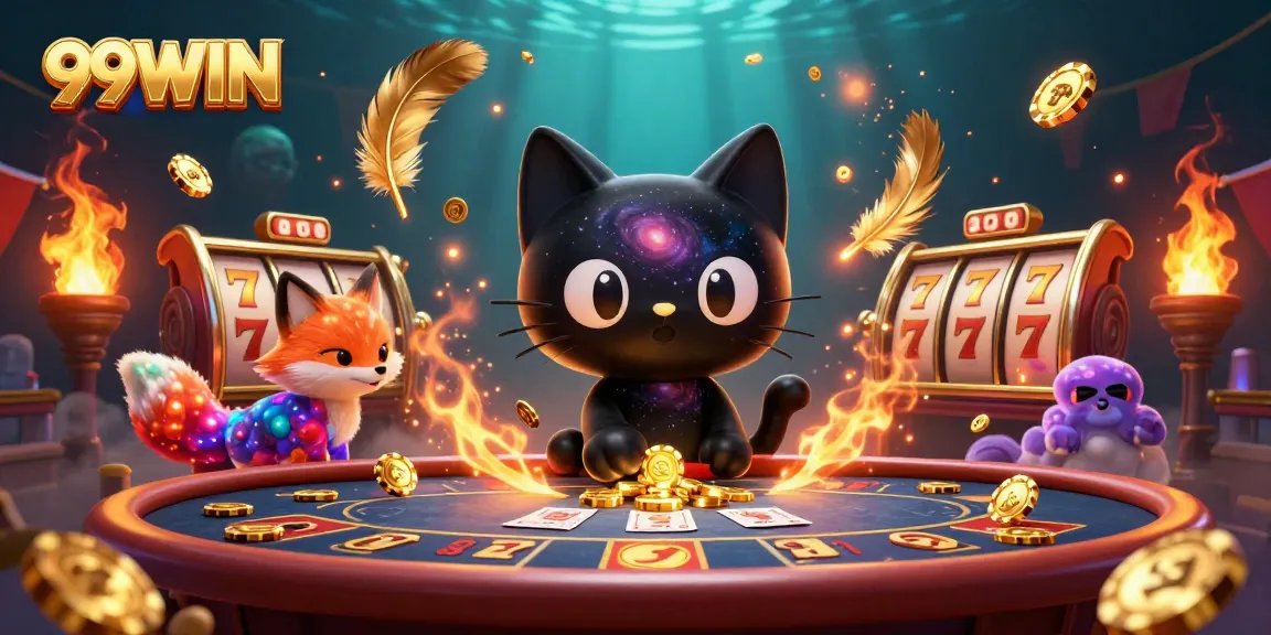 Experience 99WIN with an enchanted cat at a cosmic casino, engaging with gold chips and slot reels.