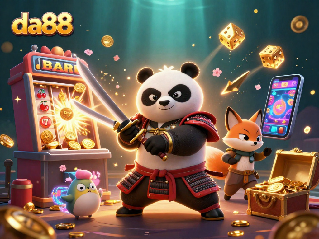 Experience thrilling action at da88 with animated samurai panda and ninja fox in a colorful casino scene.