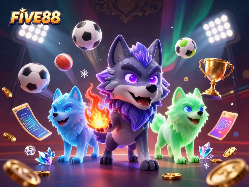 Engage with FIVE88's dynamic gaming atmosphere featuring wolf spirits amidst spirited sports elements.