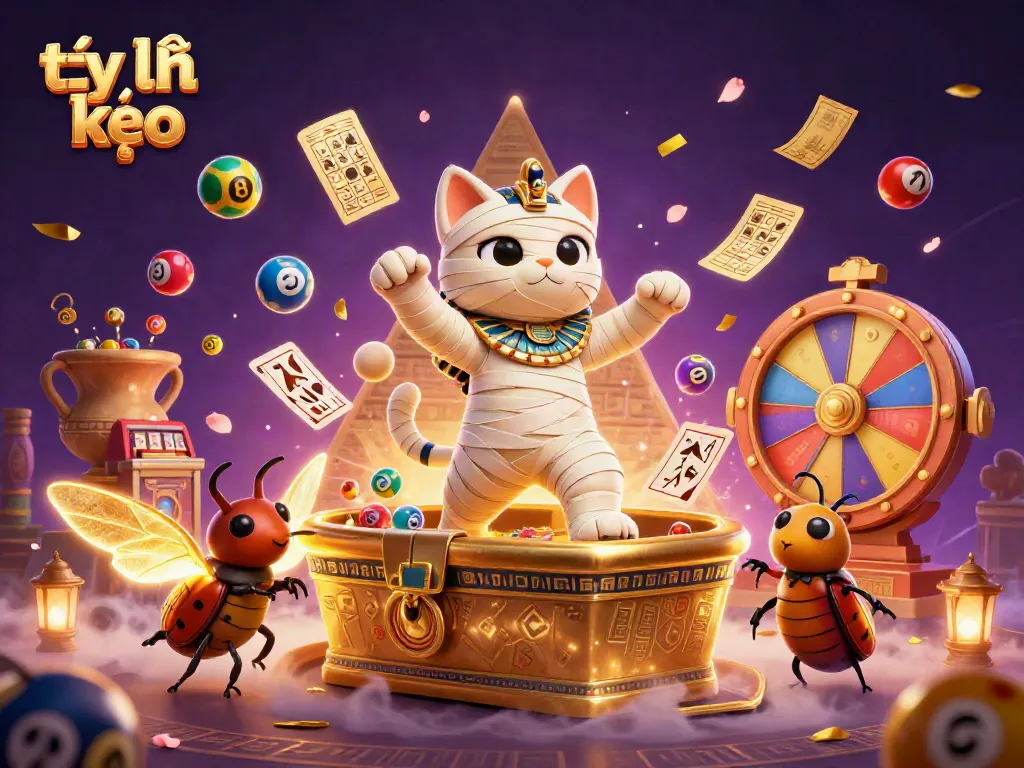 Bettors exploring tỷ lệ kèo and vibrant gaming action in a mystical pyramid casino with a mummy cat and glowing scarab.