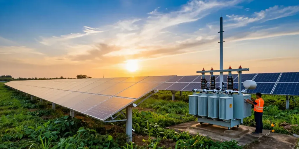 Transformer voor zonne-energiecentrales in een zonovergoten omgeving met zonnepanelen.