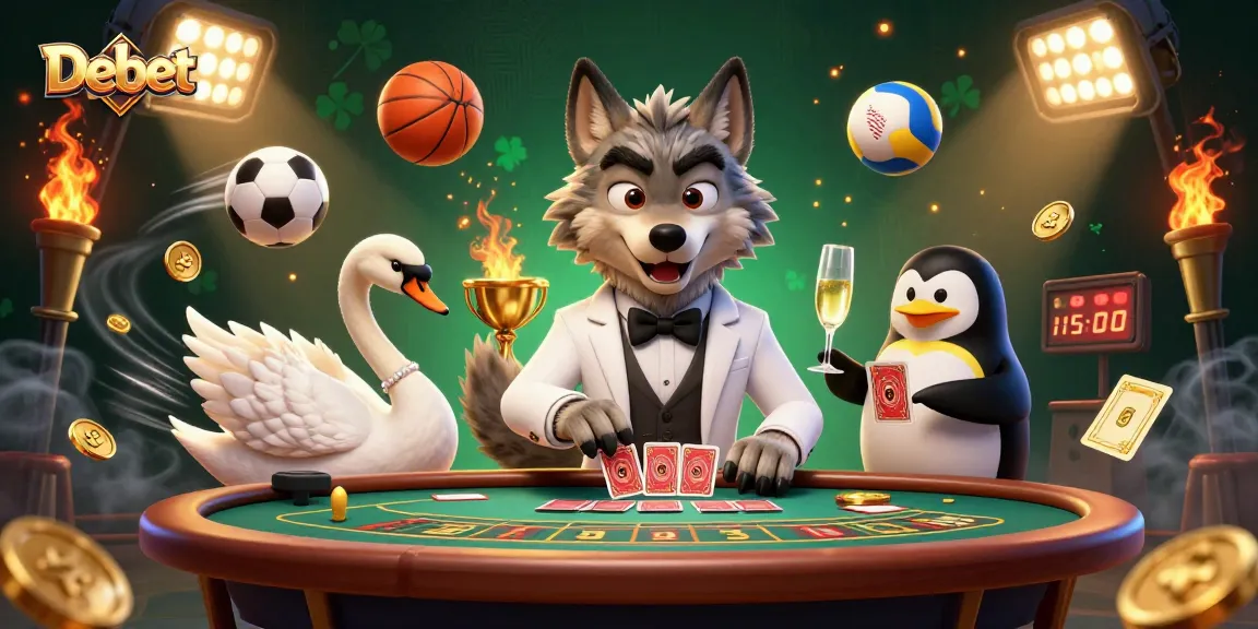 Experience excitement at Debet casino with a debonair wolf and friends in a lavish gaming scene.