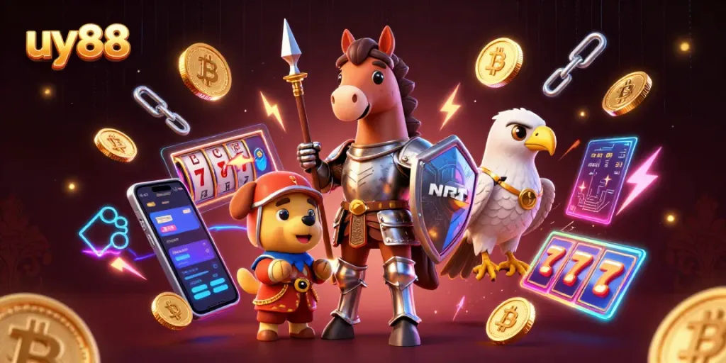 Experience casino excitement with uy88 showcasing medieval knight elements and cryptocurrency.