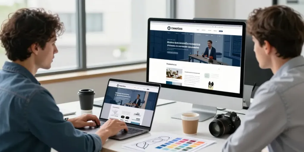Zakelijk website maken: Professionele ontwerper en klant in gesprek over website-ontwerp in moderne kantooromgeving.