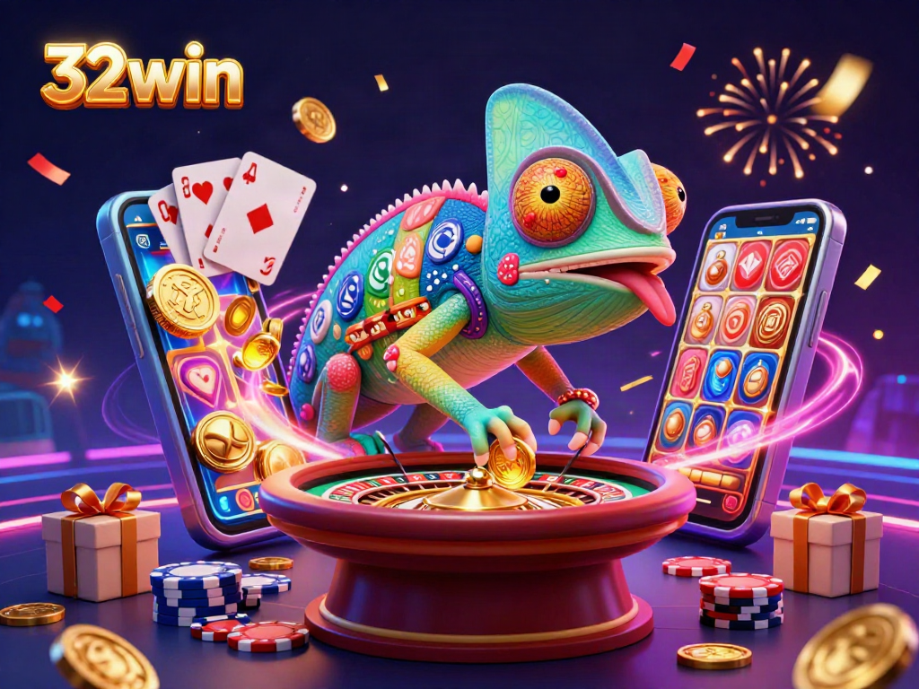 Experience the exciting world of 32win with a colorful chameleon casino owner amidst dynamic gambling elements.