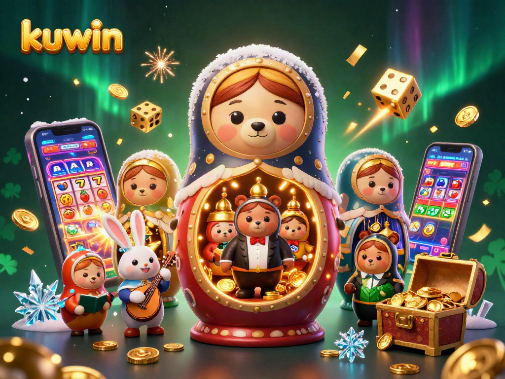 Kuwin features a vibrant 3D casino scene with cartoon bears, slot machines, and festive elements celebrating gaming excitement.