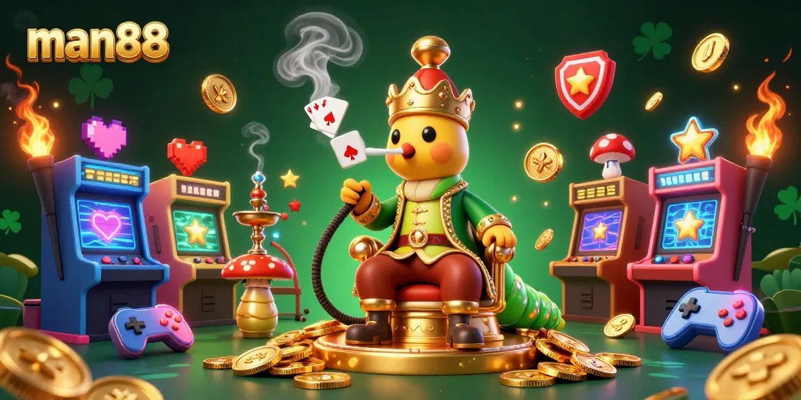 Players engage in thrilling moments with man88 as a caterpillar hookah-master presides over a vibrant gaming scene.