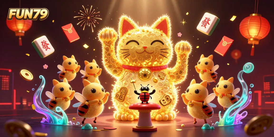 Experience FUN79’s vibrant casino magic with a lucky cat and animated symbols in a dazzling 3D scene.