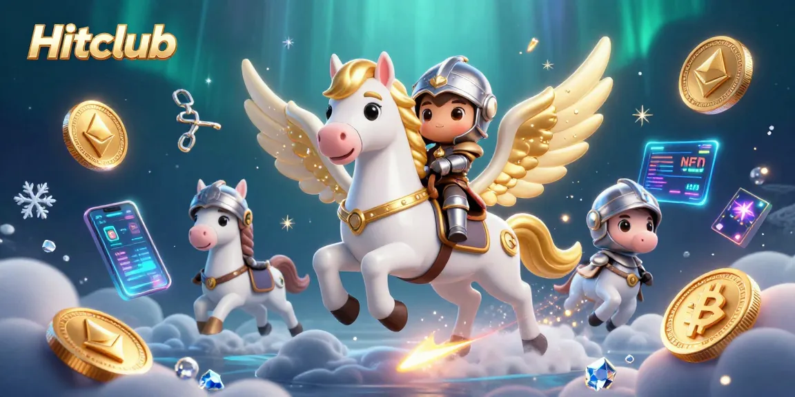 Hitclub promotes thrilling gameplay with a dynamic 3D illustration showcasing a knight and celestial horse racing through a casino-themed galaxy.