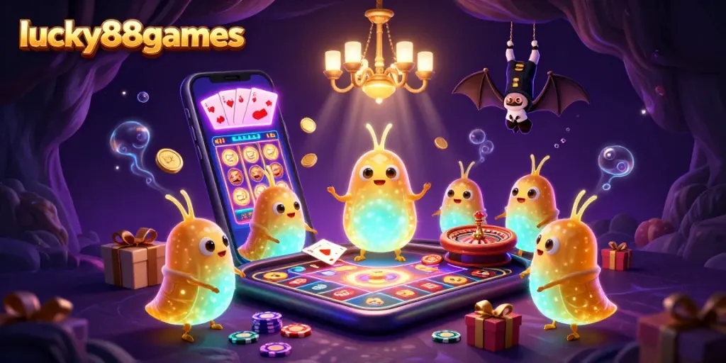 Light up your gaming experience with lucky88games in this vibrant casino scene of animated glowworms.