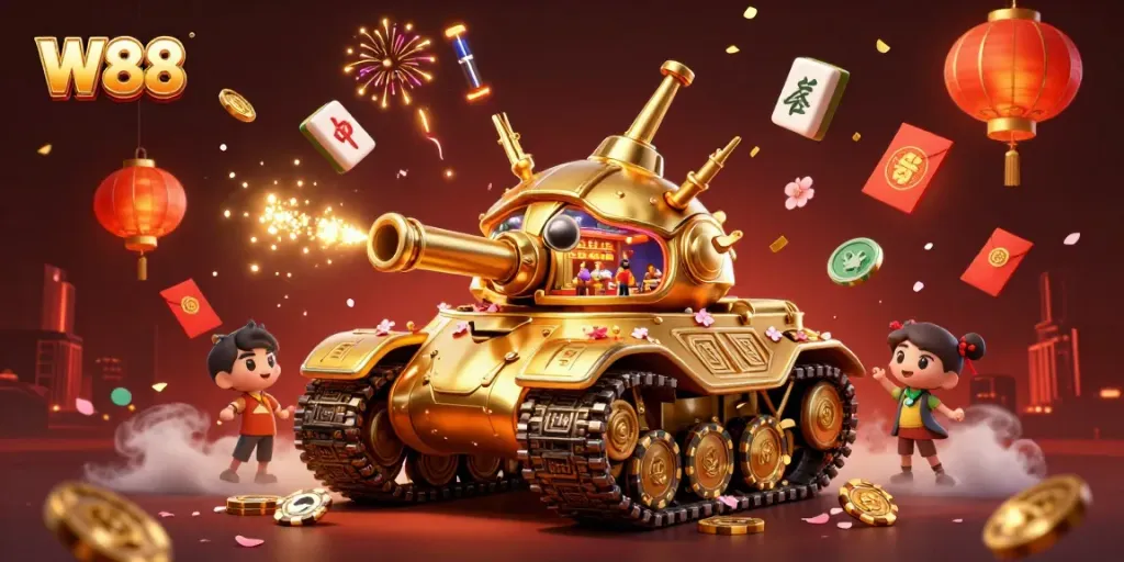 Experience W88's vibrant online casino atmosphere inside a golden beetle tank.