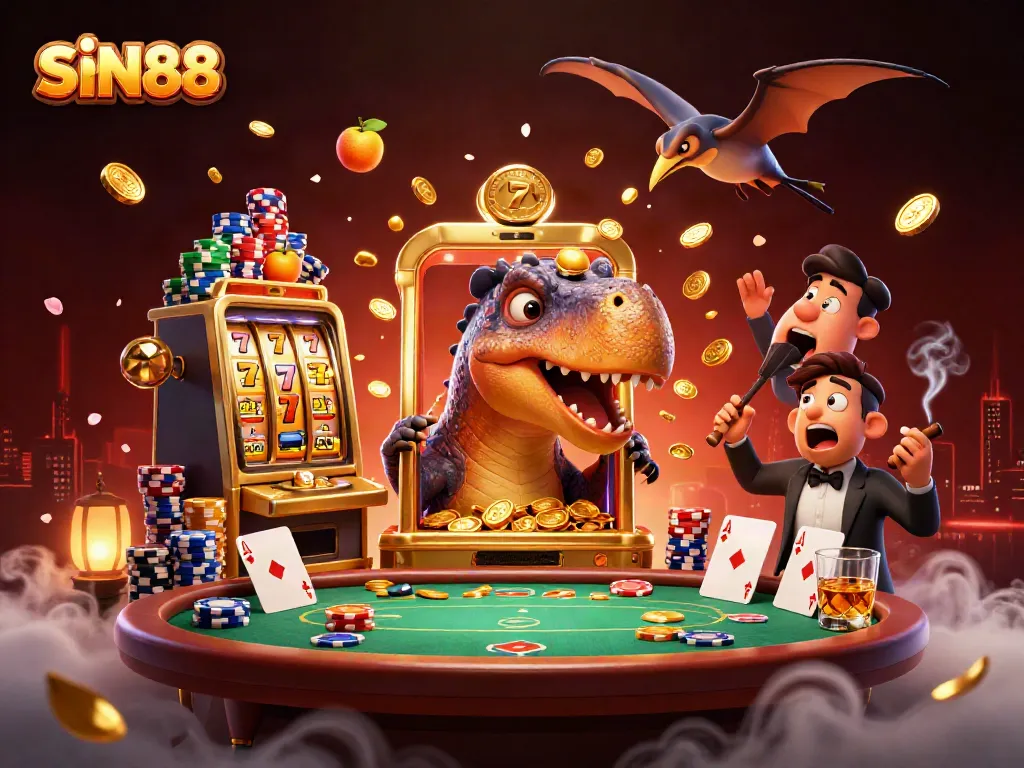 SIN88 captures spectacular jackpot moments with vibrant creatures and casino elements.