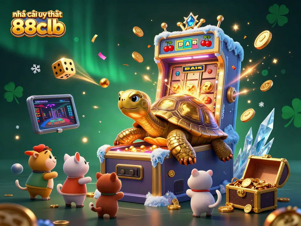 Engaging illustration showcasing nhà cái uy tín 88clb with a golden tortoise pinball machine and jackpot features.