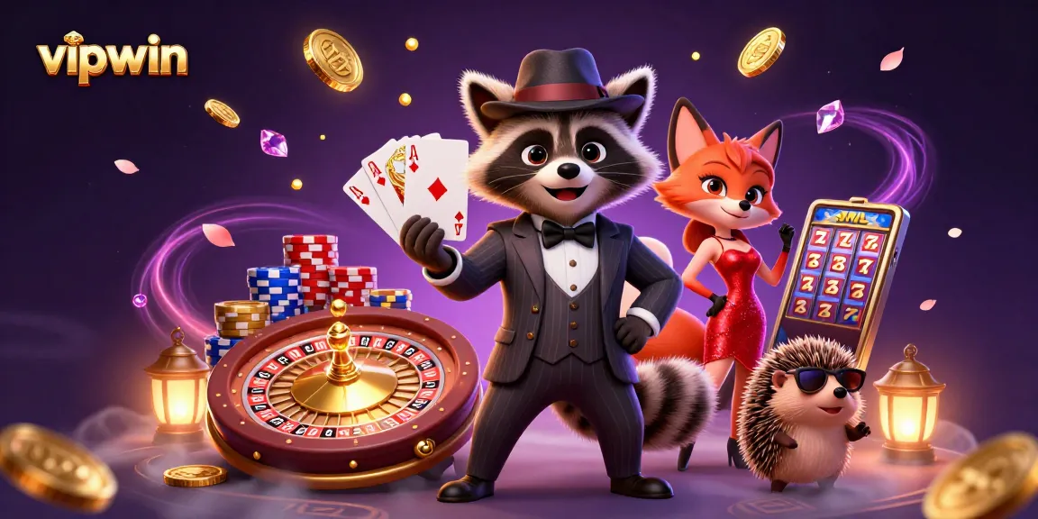 Experience the excitement of vipwin casino with raccoon and friends amidst spinning roulette and winning cards.