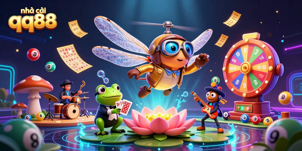 Engage with the vibrant casino world at nhà cái qq88 through a dynamic illustration showcasing a dragonfly pilot and frog croupier.