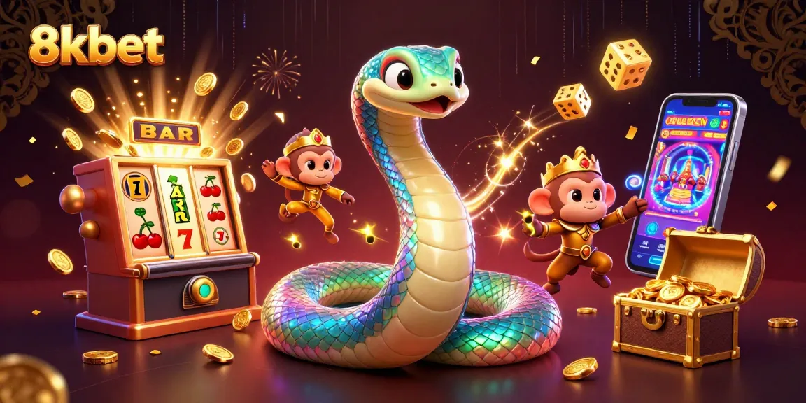 Engage with 8xbet's dazzling jackpot scene featuring a rainbow serpent, monkey king, and a massive slot machine.