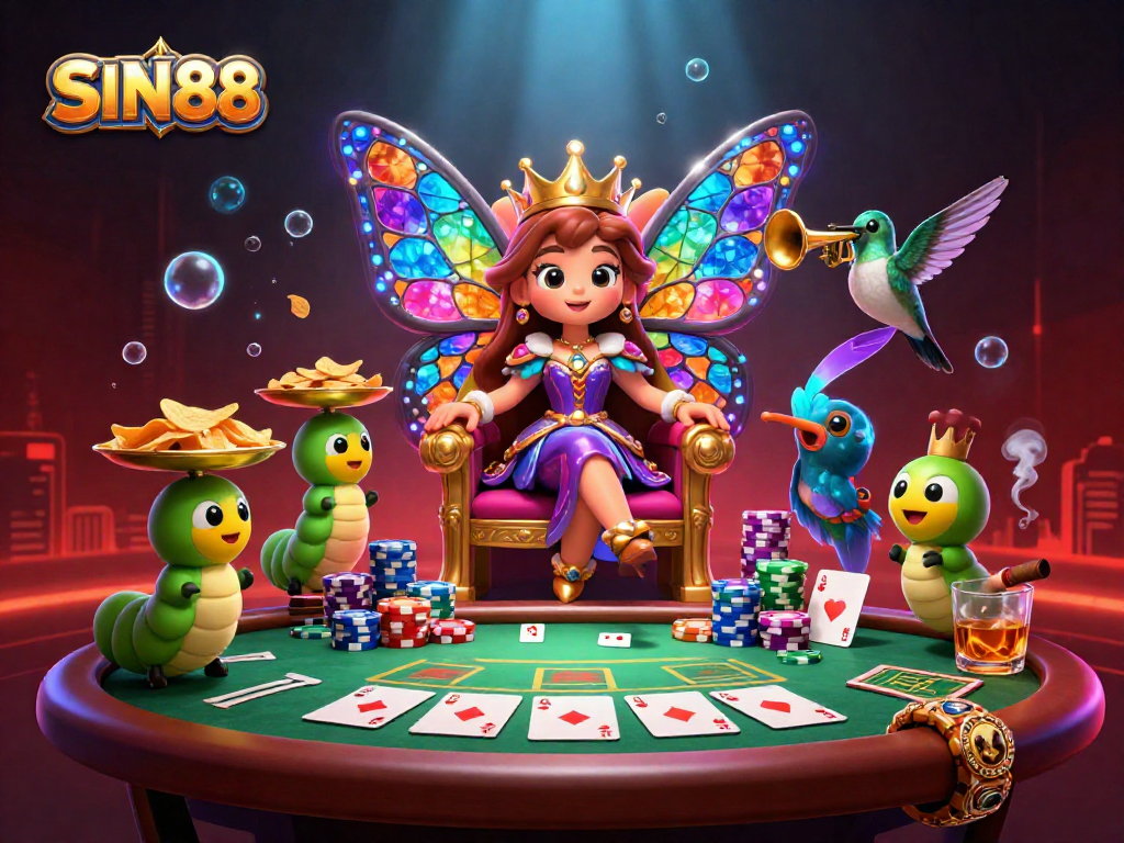 SIN88 showcases vibrant 3D casino artwork featuring a butterfly queen, poker elements, and rich colors.