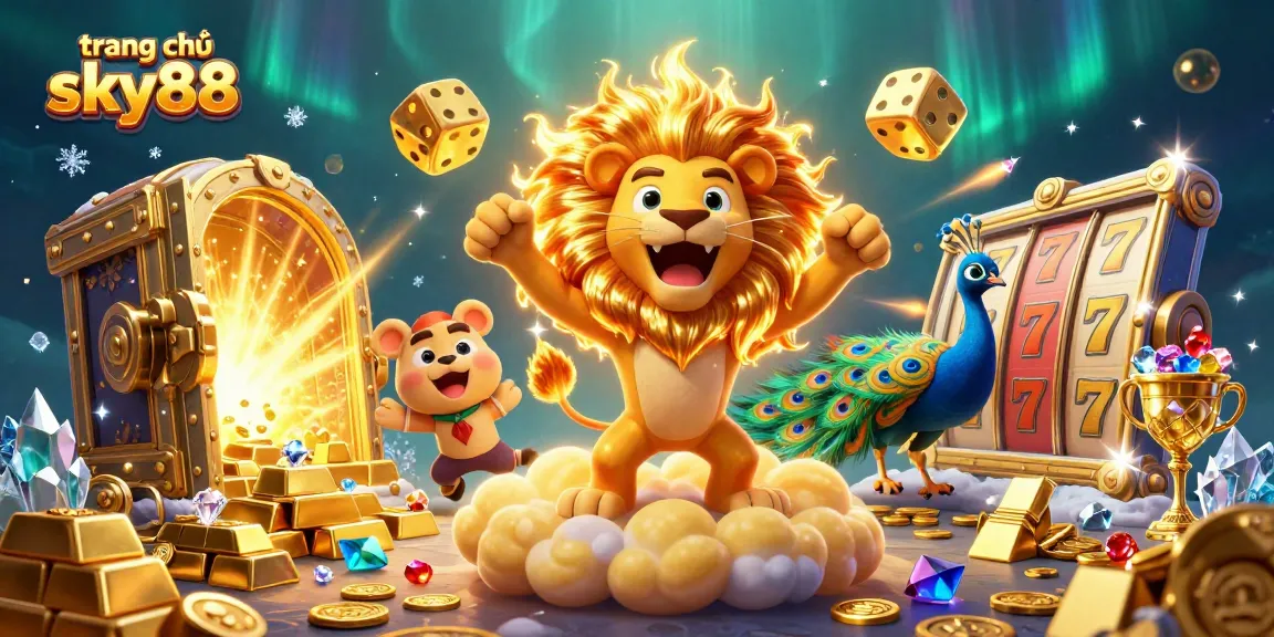 Experience the excitement of casinos with the fiery sun lion at trang chủ sky88 surrounded by golden treasures and vibrant slot reels.