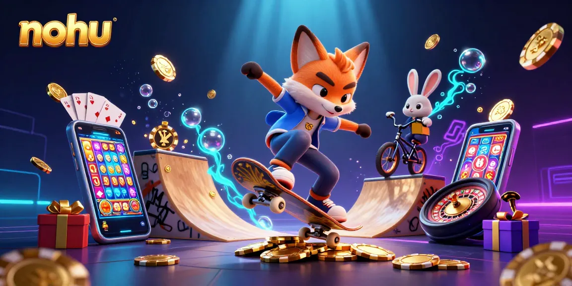 Experience thrilling nohu gaming with a skateboarder fox and BMX rabbit in a vibrant casino scene.