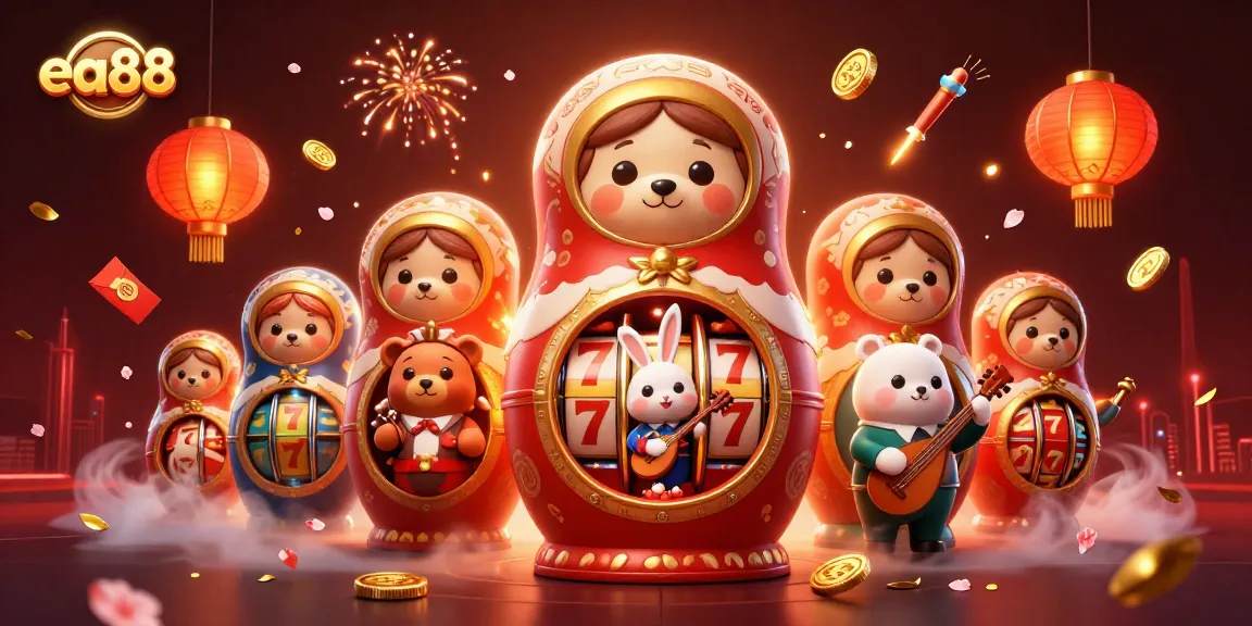 ea88 showcases a vibrant scene with casino-themed characters, 3D slots, and festive elements.