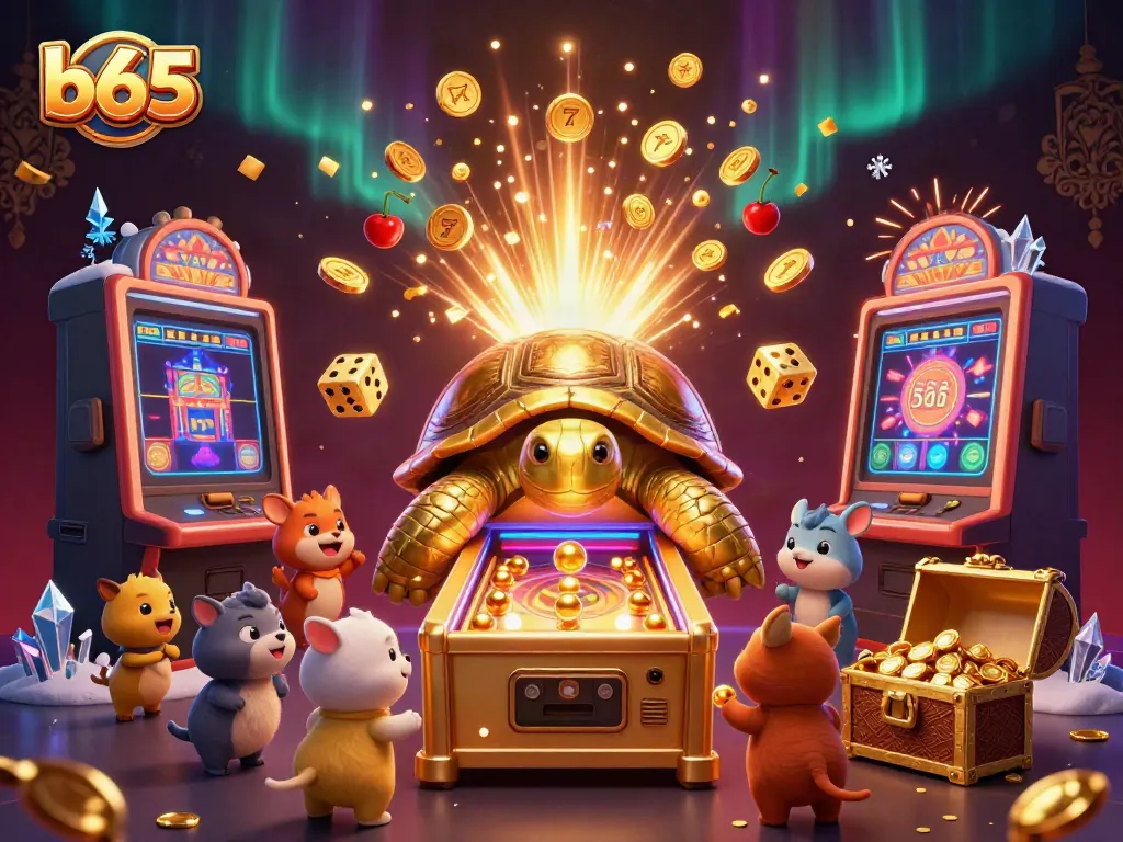 Experience an exciting b65 casino game scene with a golden tortoise pinball machine and vibrant slot elements.
