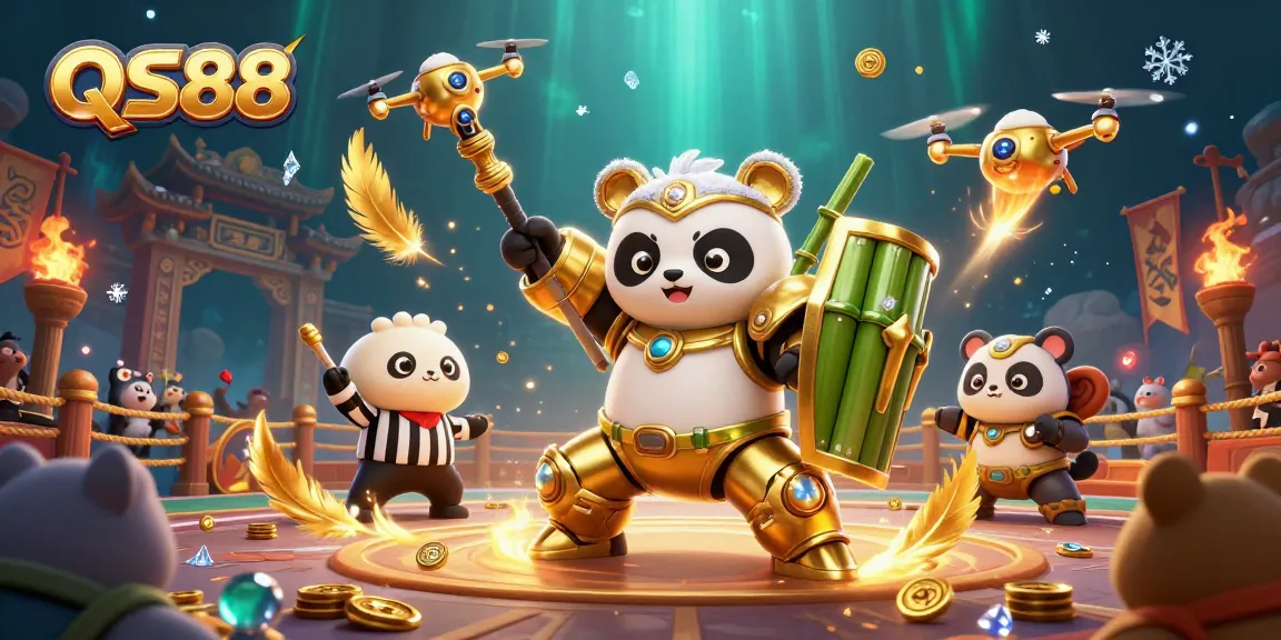 Chơi cược tại QS88 với hình ảnh chú gấu vàng trong bộ giáp, chiến đấu trong sòng bạc sôi động.