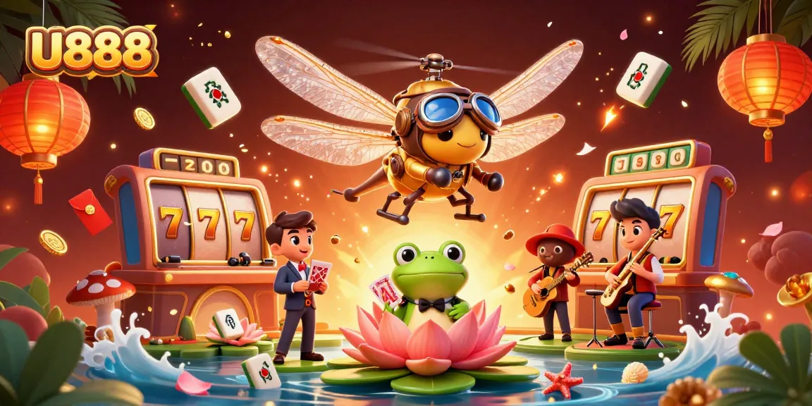 Engage with thrilling U888 casino action as a dragonfly pilot hovers over vibrant slot scenes.