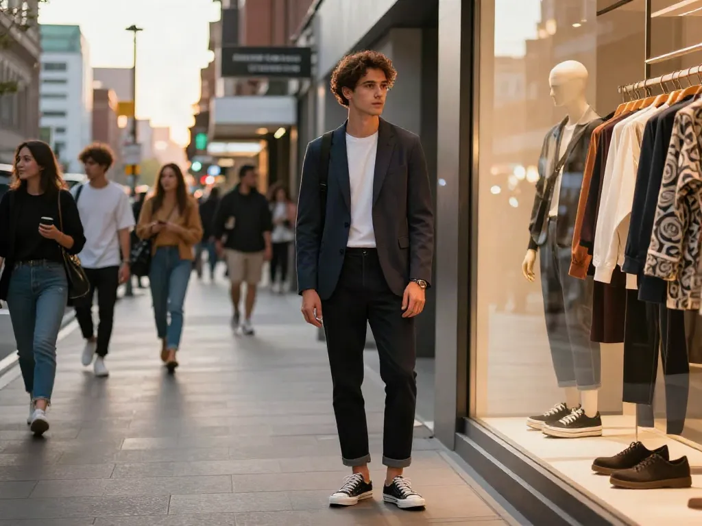 Moderne herenkleding in een trendy winkelgebied met een stijlvolle man in een hippe outfit.