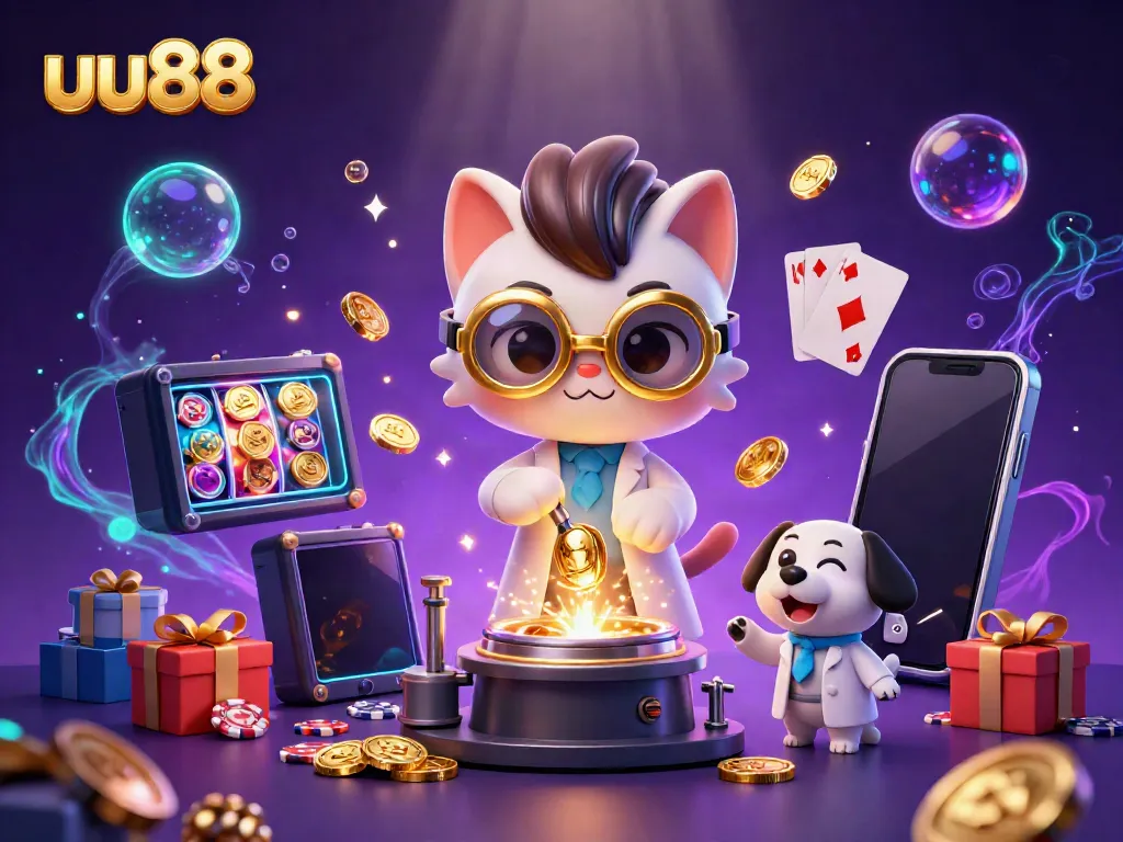 Experience exciting gambling moments with uu88 in this vivid animated scene featuring a mad scientist cat.