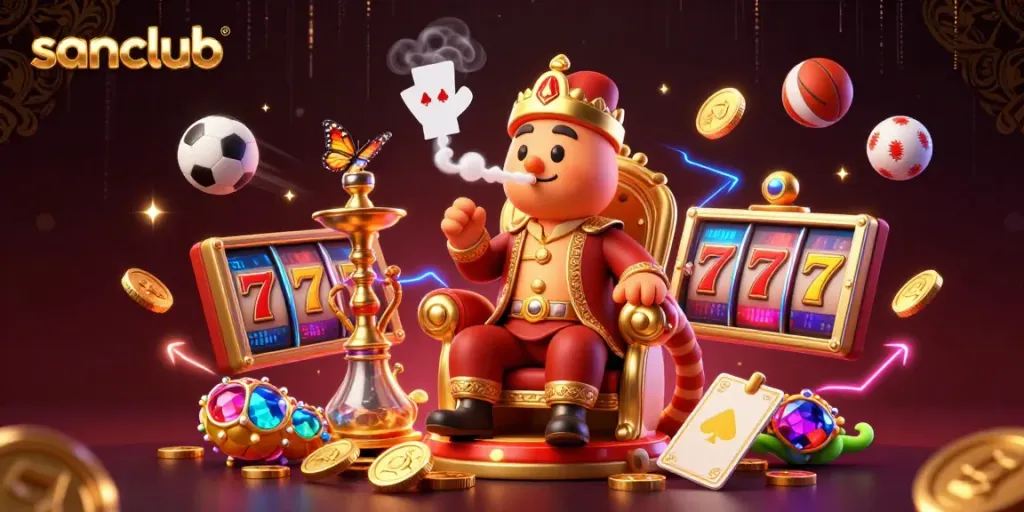 Engage with an exciting illustration of sanclub, featuring poker symbols and dynamic game elements.