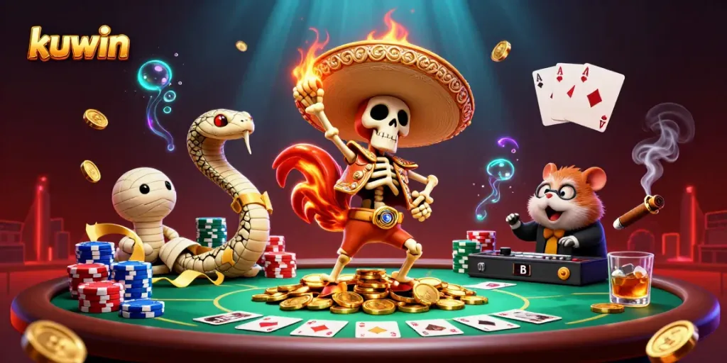 Kuwin brings the casino spirit alive with a vibrant scene featuring a skeleton mariachi, mummy snake, and zombie DJ surrounded by poker elements.