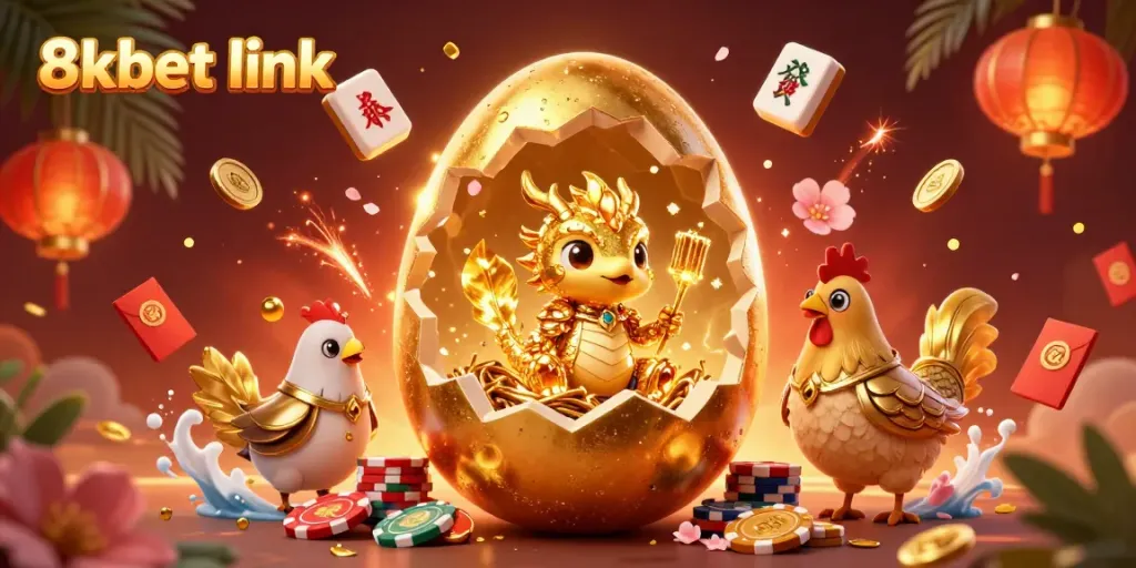 Play and win with the 8xbet link, showcasing a golden dragon and gambling elements.