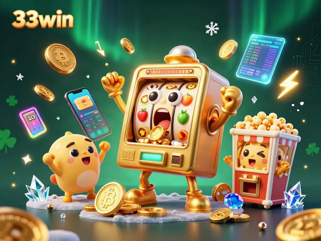 33win slot machine surprises players with a jackpot, alongside vibrant crypto elements in this lively online casino scene.