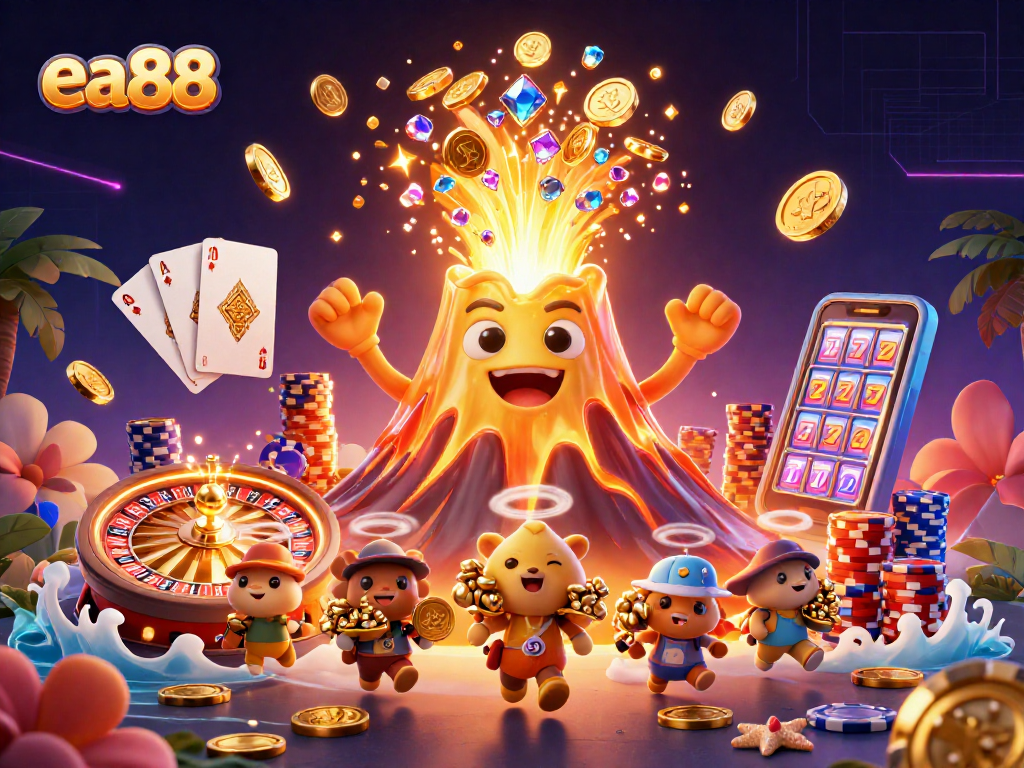 Engage with exciting games at ea88, featuring a golden volcano erupting treasure and vibrant casino elements.