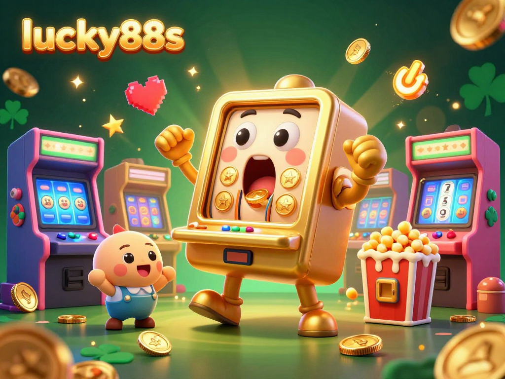 Experience lucky88s with a vibrant 3D casino scene featuring a thrilled golden slot machine celebrating a jackpot.