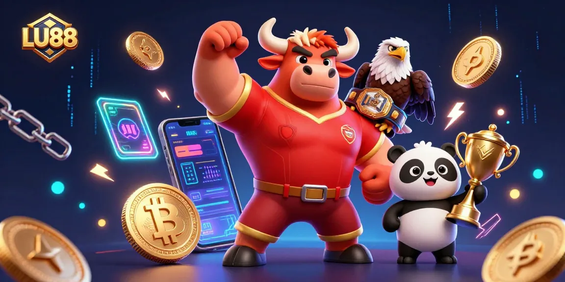 LU88 gamers joining victory with crypto coins, a bull mascot, and celebratory panda.