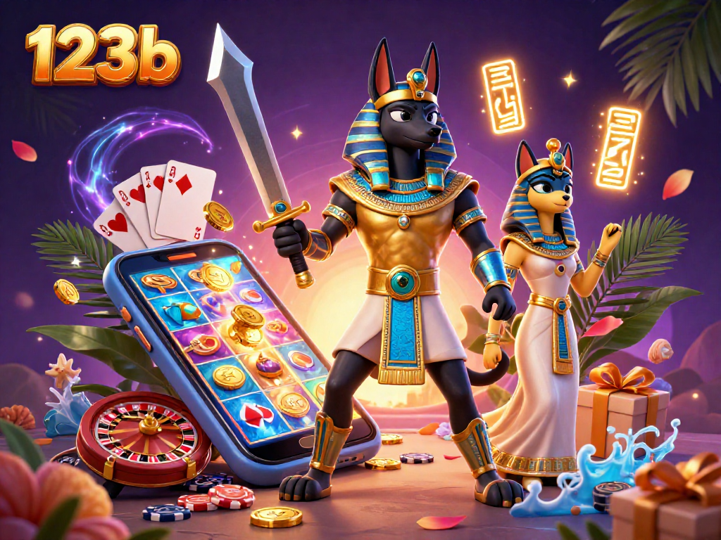 Spin to win with 123b in a vibrant, bustling casino scene featuring Anubis and Bastet.