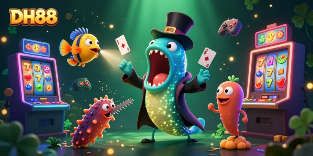 DH88 showcases a vibrant 3D casino scene with colorful slot machines and dynamic characters performing magic tricks.
